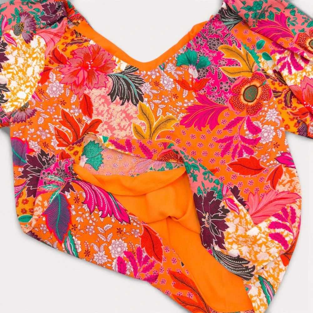 LOFT‎ XS NWT Floral Patchwork Blouse Puff Sleeve Orange Lined Boho Top Tropical